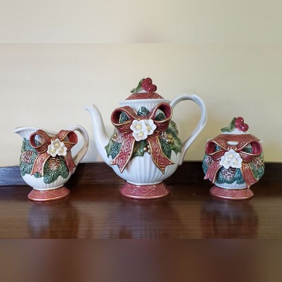 Fitz and Floyd Christmas Rose Hand Painted Tea Set 1995 - Picture 1 of 15